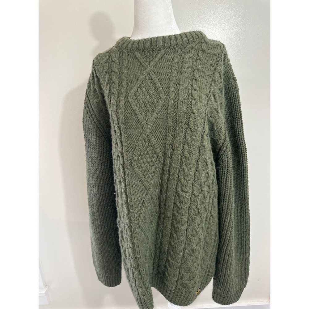 Superdry Co Machined Olive Green Cable Knit Sweater Mens XL Heavyweight Crewneck